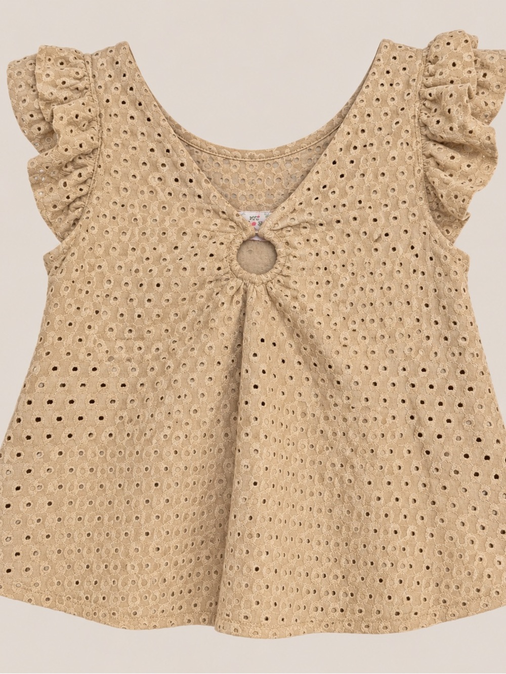 Poof! Tan Eyelet Ruffle Sleeve Dress with Center Ring